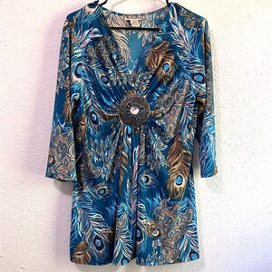 Seventh Avenue Tunic Top Sz L Blue Peacock Feather Stretch Boho Statement